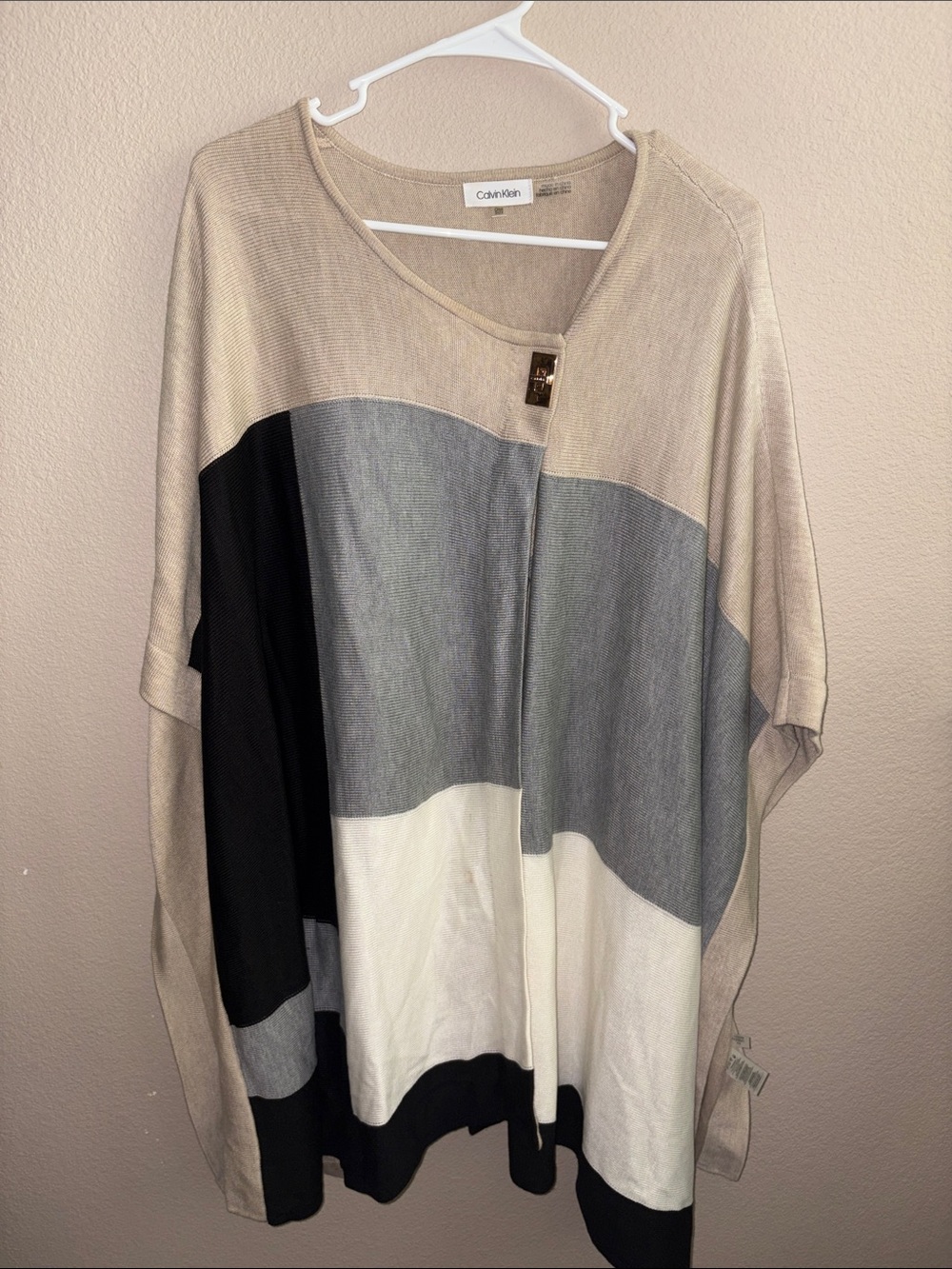 Calvin Klein Beige Gray Black & White Colorblock Poncho Sweater